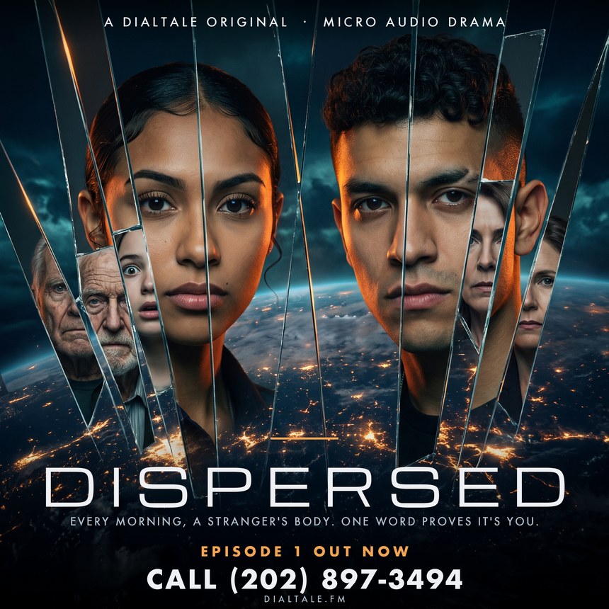 Dispersed poster: a young woman and a young man, their faces split by mirror shards that show strangers' faces, above the night side of the Earth