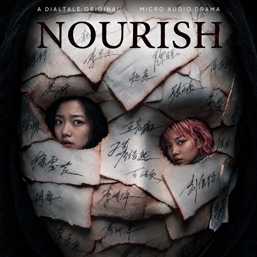 Nourish poster: a torn paper mask covered in handwritten Chinese signatures, with two frightened young women looking out through its eye holes